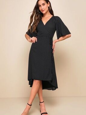 Lulu's Black with White Polka Dot High-Low Wrap Dress
